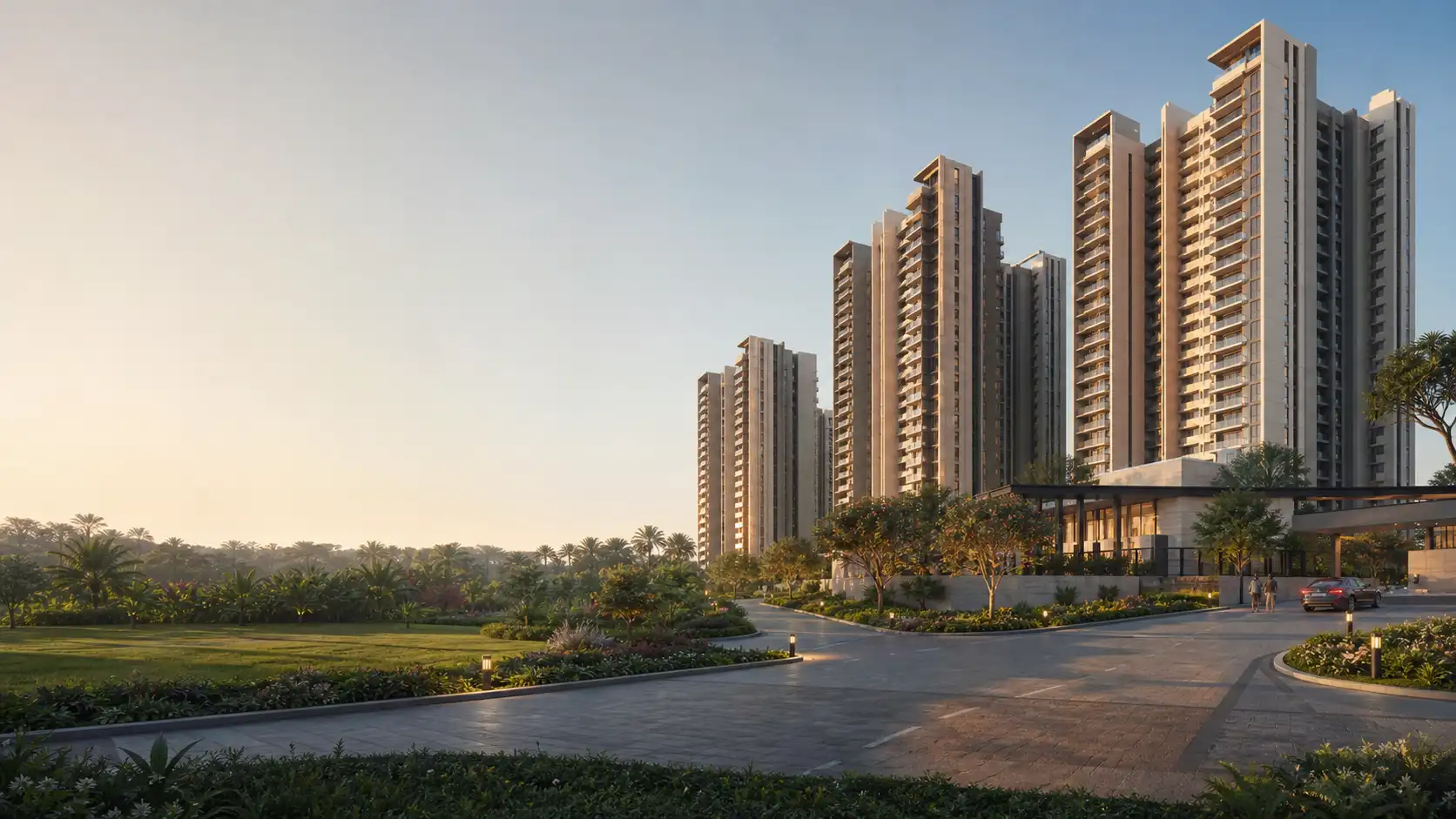 Contemporary high-rise residential community beside a landscaped arrival boulevard